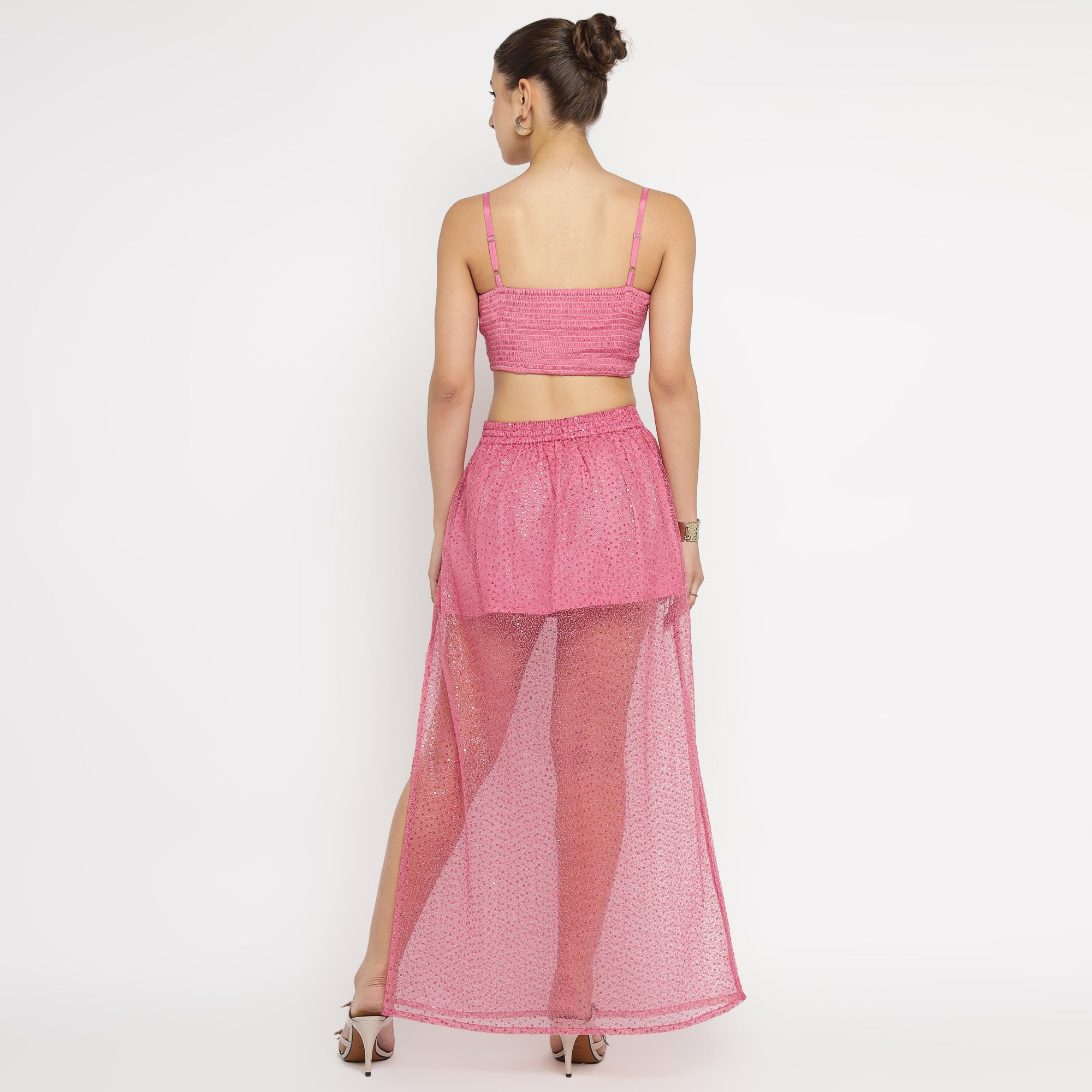 Pink Ruched Bralette & Sequin Mesh Overlay Skirt Co-ord Set